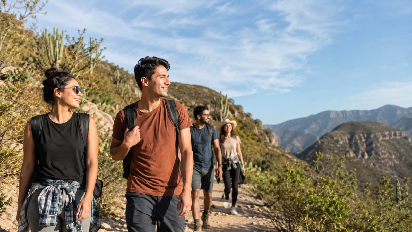 Socios del club caminando en un sendero de montaña al amanecer